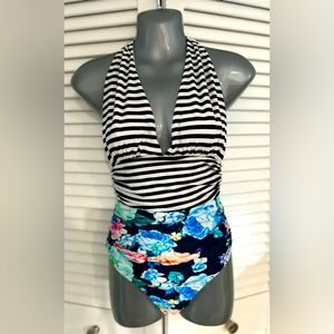 Cupshe XS one piece halter style swim suit - floral bottom and striped top EUC